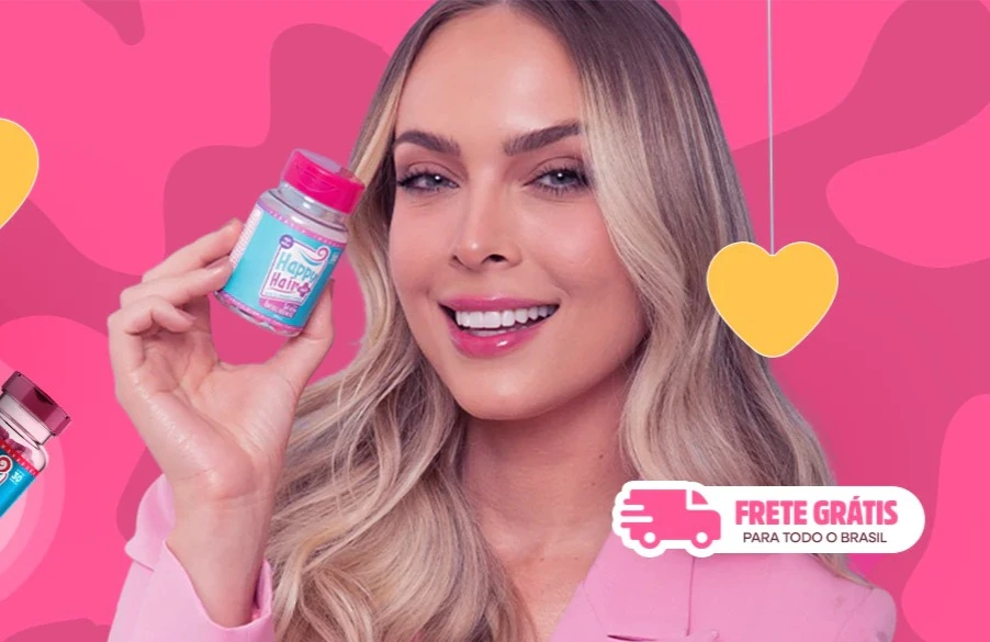 Mulher com cabelos longos, brilhantes e saudáveis usando Happy Hair